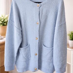 Oversized Soft Blue Knit Cardigan Gold Buttons – One Available
